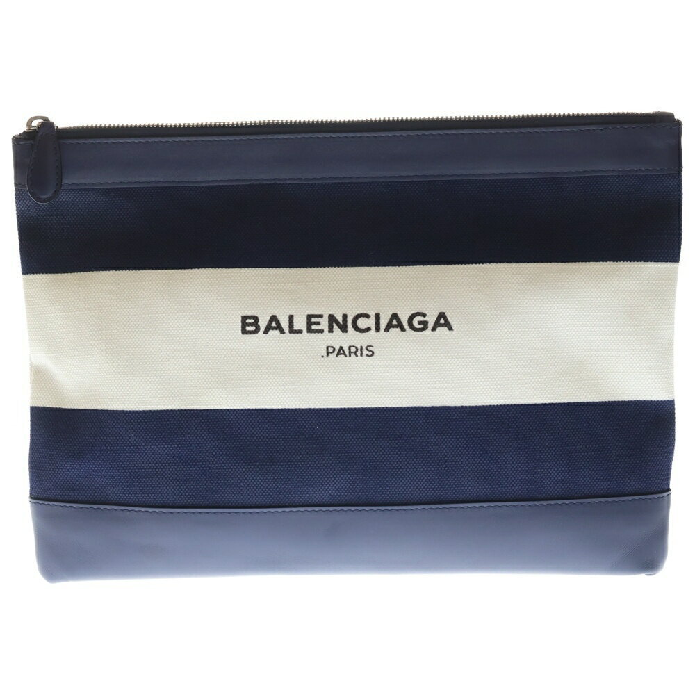BALENCIAGA Navy Blue Clip Logo Border Canvas Leather Clutch Shoulder Bag